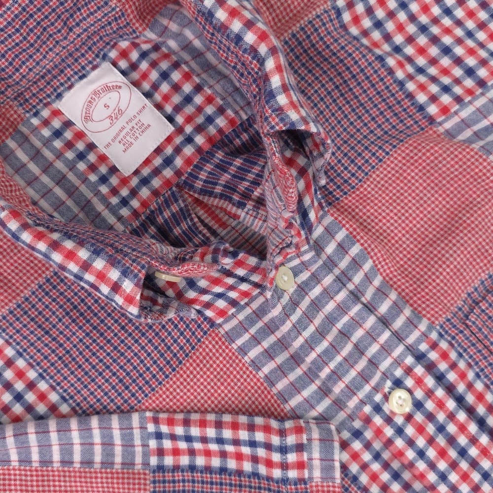 Brooks Brothers 346 Mens Small Red Blue Patchwork Short Sleeve Button Down Shirt